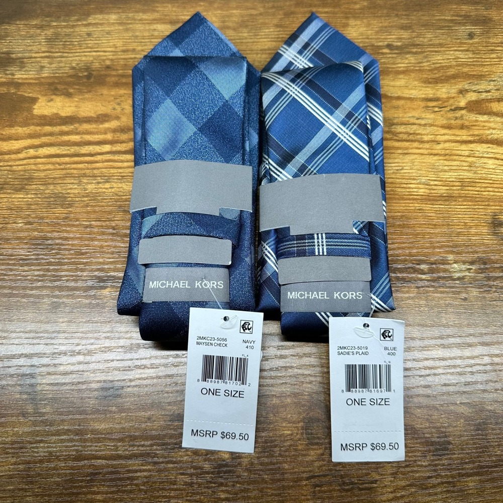 Lot of 2 Michael Kors Mens Silk Blend Ties Navy Maysen Check‎ Blue Sadie's Plaid